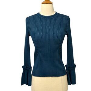 Jonathan Simkhai Ribbed Knit Bell Sleeve Sweater Top Teal Blue Elegant Size M